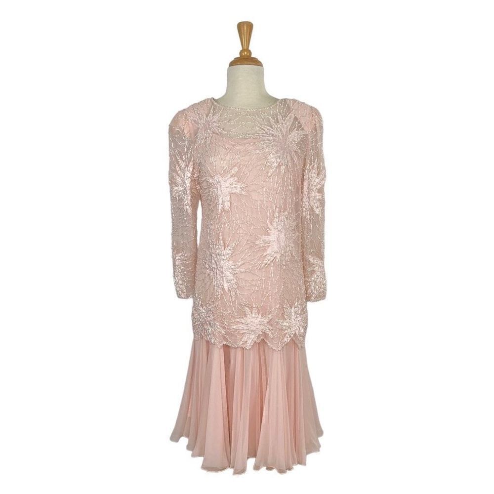 SWEE LO S Pink Gown Dress Set Gatsby 80s does 20’s Beaded Vintage Evening Prom